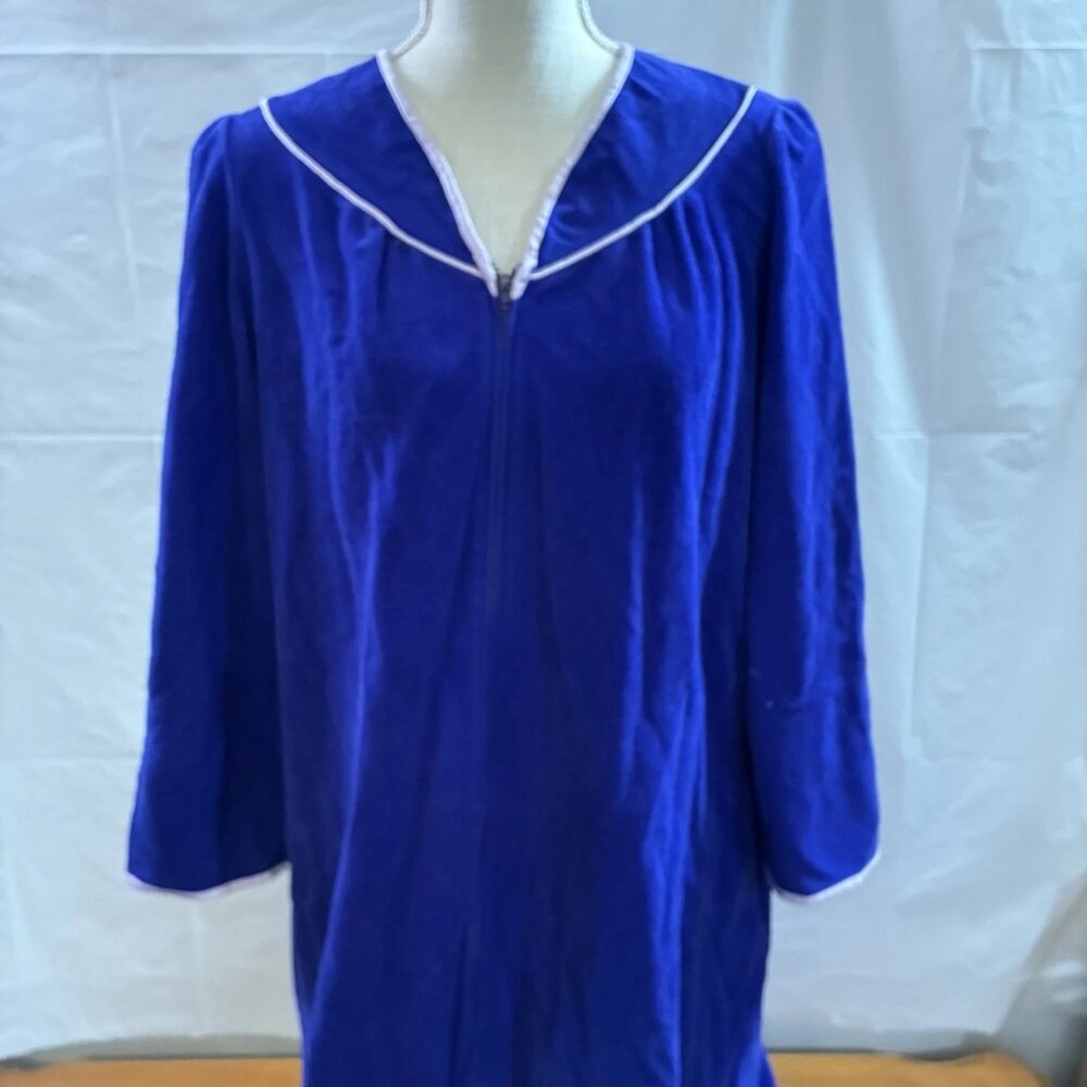 Vintage Long Sleeve Winter Nightgown Size PS Royal Blue Velveteen White Piping